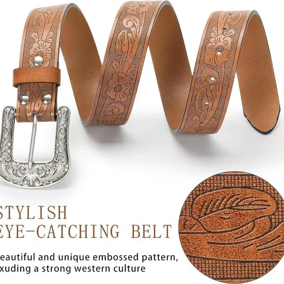 Western-Belt-for-Women-Cowgirl, PU-Leather-Waist-Belts with Vintage-Carved-Buckl - Picture 6 of 8